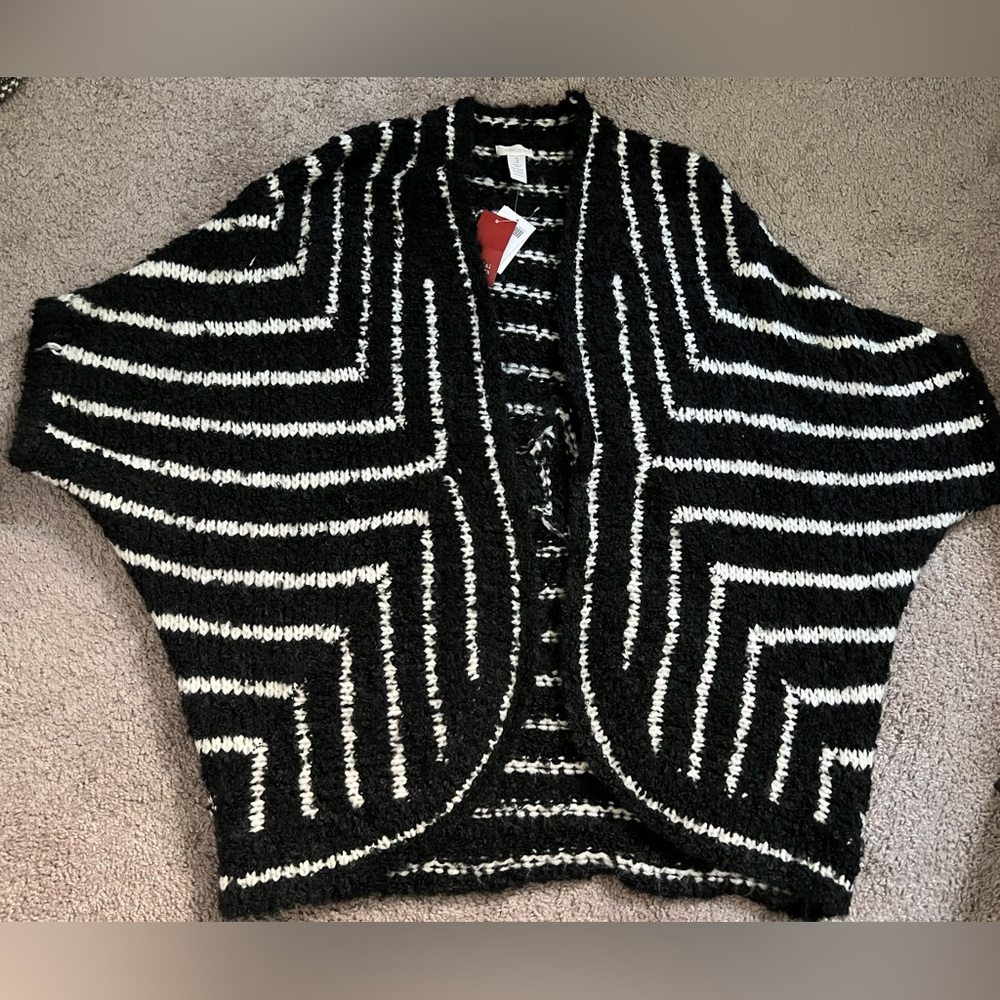 Chico's Women’s Size 3 or XL Black White Knit Sweater Cardigan Tattered NWT